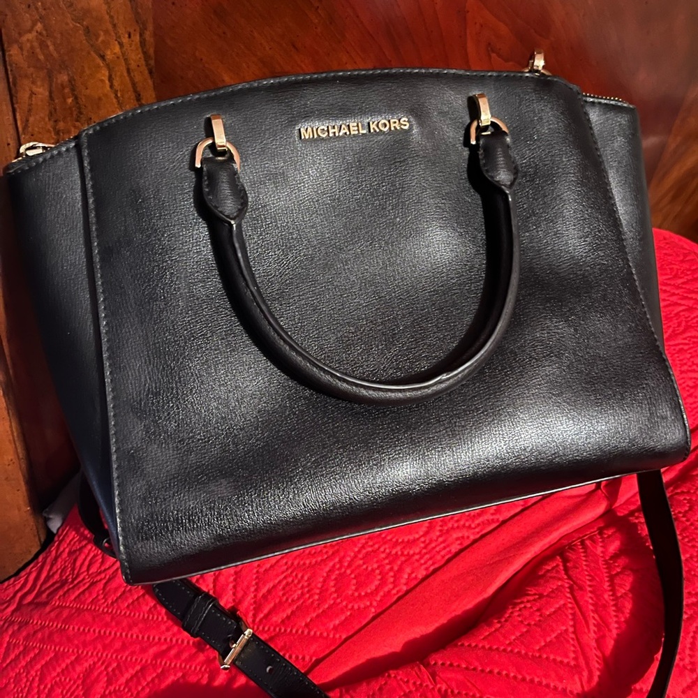 Michael Kors Black Leather Satchel with Gold Hardware
